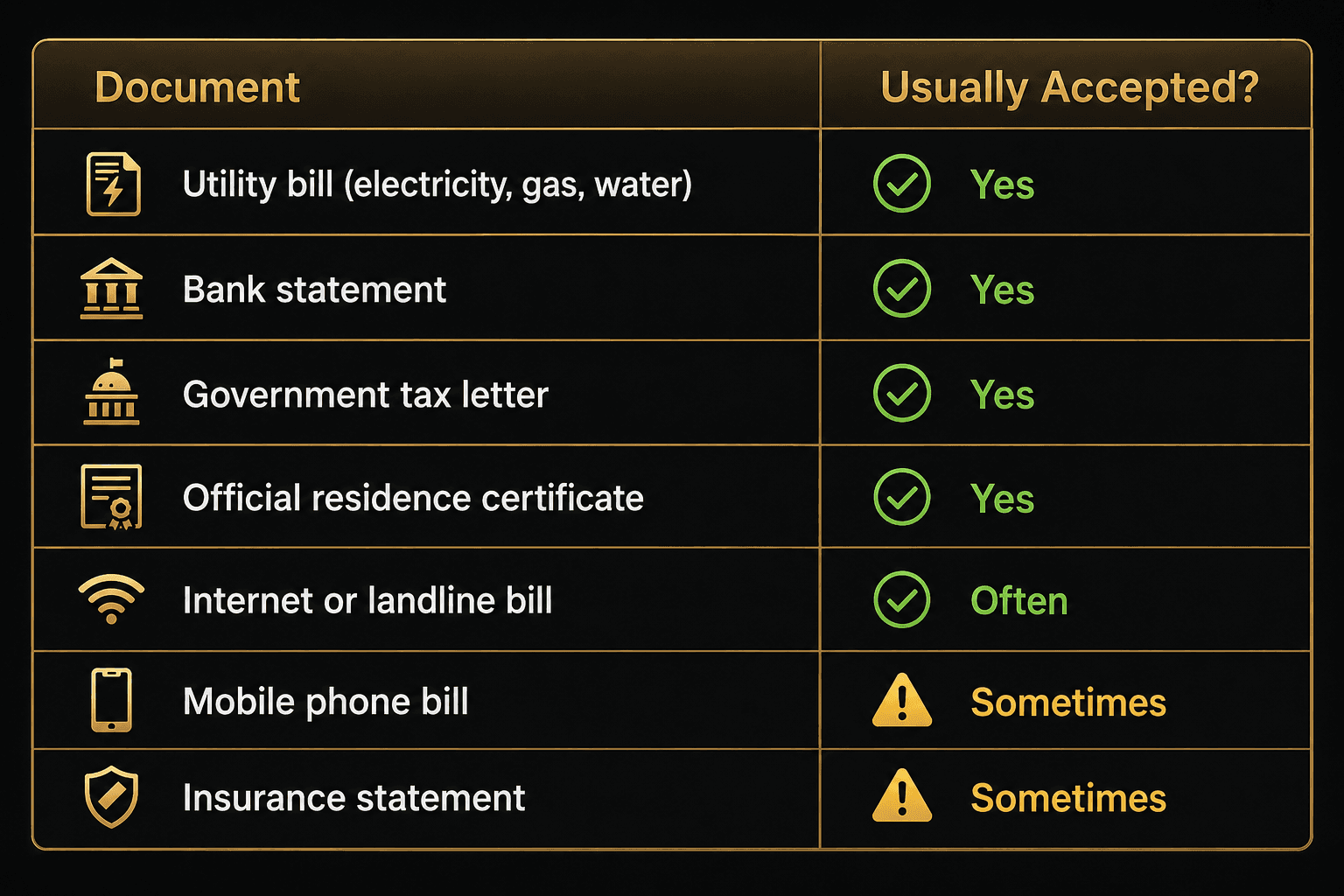 Table showing which proof of address documents are commonly accepted by online casinos for account verification, including utility bills, bank statements, government letters, and residence certificates.