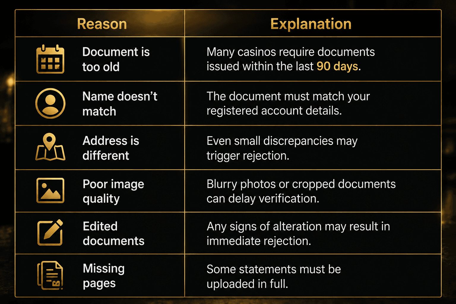 Table showing common reasons proof of address documents are rejected during casino verification.