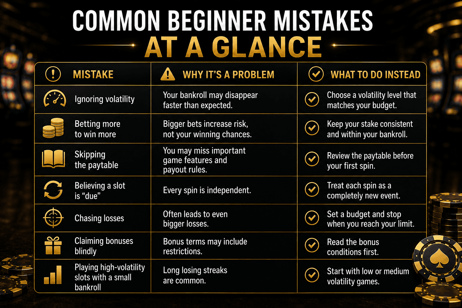 Infographic summarizing common beginner online casino mistakes, including slot volatility, bankroll management, bonus terms, paytable tips, and responsible gambling strategies for new casino players.