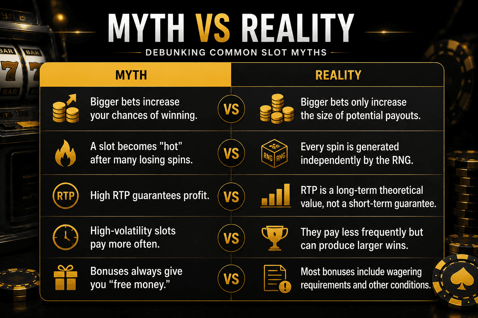 Myth vs reality infographic explaining common online slot myths, including RTP, slot volatility, RNG, betting strategies, bonus terms, and how online casino slot machines actually work.