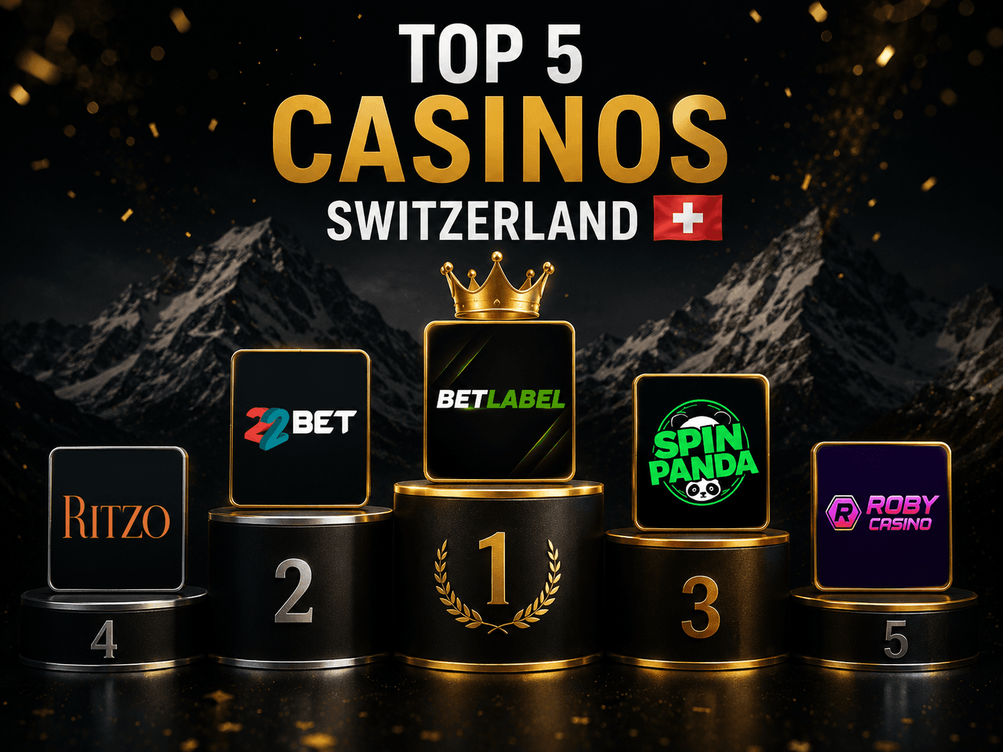 Best online casinos in Switzerland July 2026 ranking featuring BetLabel, 22Bet, SpinPanda, Ritzo Casino, and Roby Casino with licensed online casinos, welcome bonuses, secure payments, and fast withdrawals.