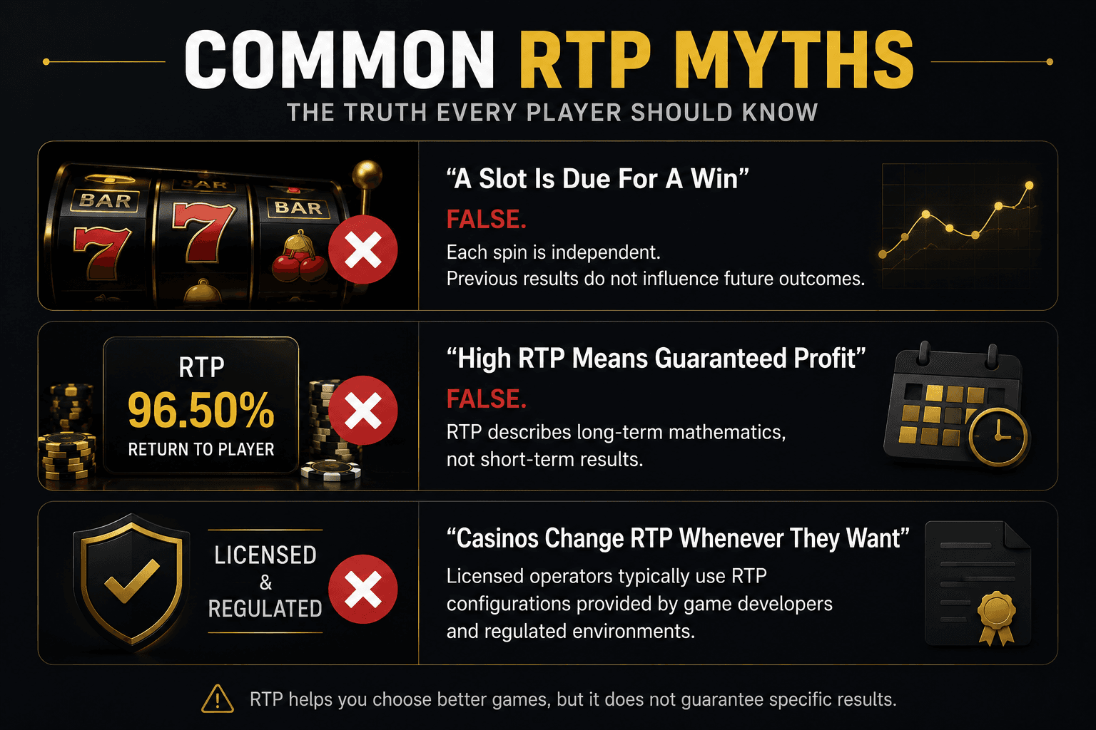 Online casino RTP myths chart debunking common beliefs about slot machines, guaranteed profits, RTP percentages, independent spins, and regulated casino game payouts.