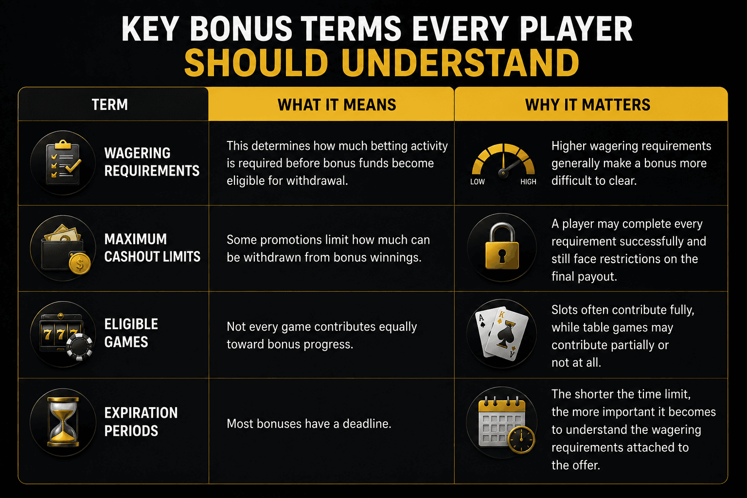 Casino bonus guide explaining wagering requirements, withdrawal limits, eligible games, and expiration deadlines that affect bonus value and withdrawals.