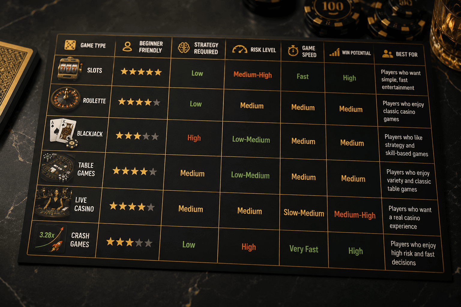 Casino game types comparison table explaining risk levels, strategy, and beginner suitability.