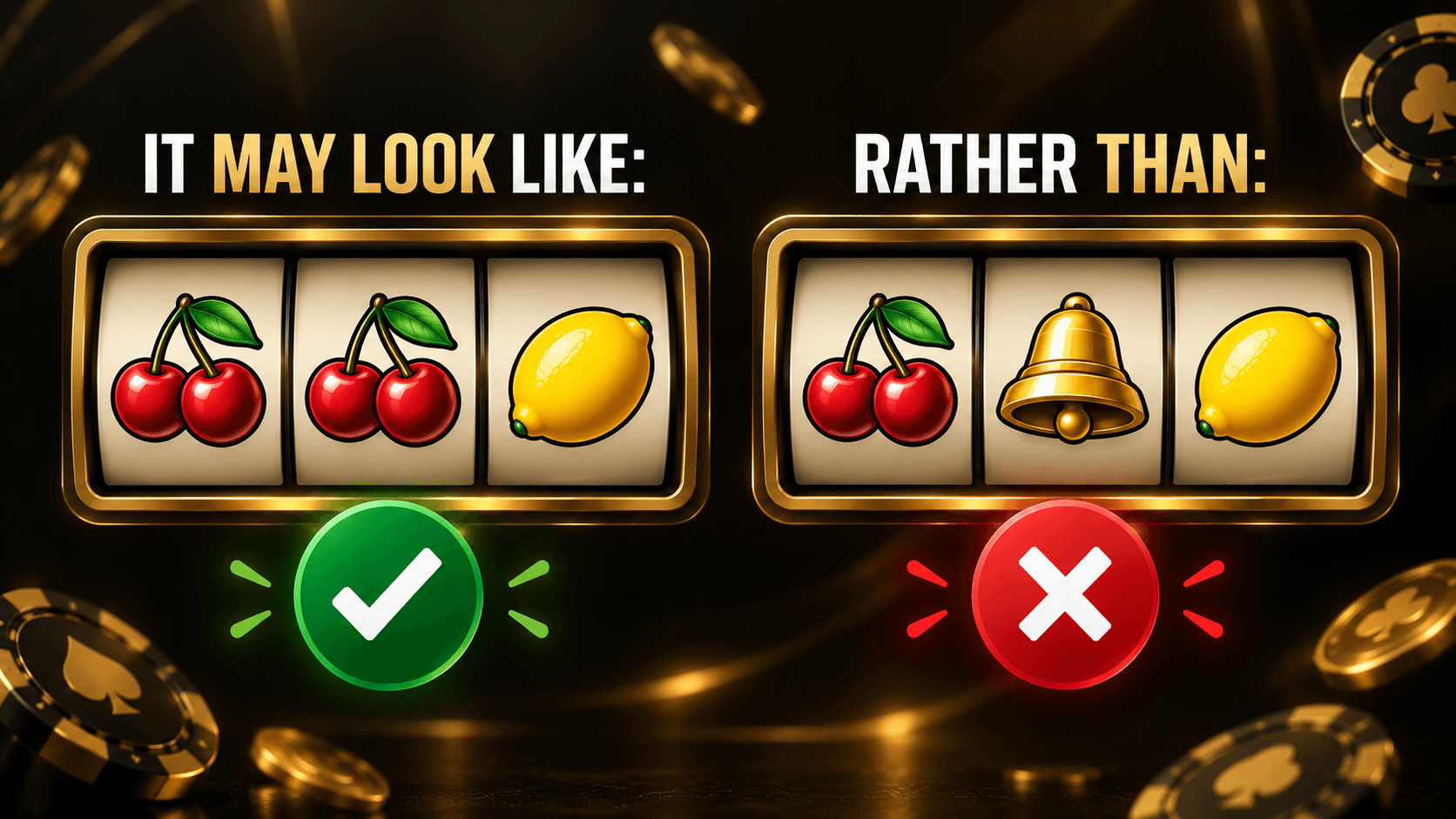 Online casino near win example showing cherry-cherry-lemon versus cherry-bell-lemon slot combinations and explaining the visual difference in casino game design.