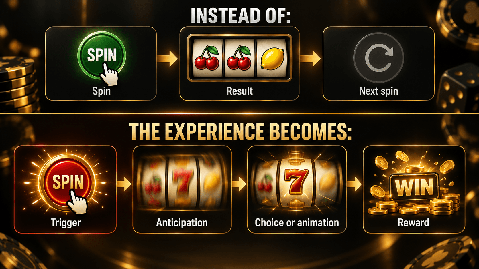 Online casino game psychology infographic comparing the basic spin-result cycle with an enhanced gaming experience featuring trigger, anticipation, animation, choice, and reward stages.