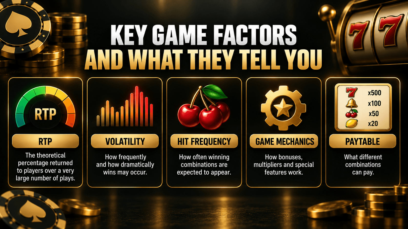 Online casino game factors infographic explaining RTP, slot volatility, hit frequency, game mechanics, and paytable information for players choosing casino games.