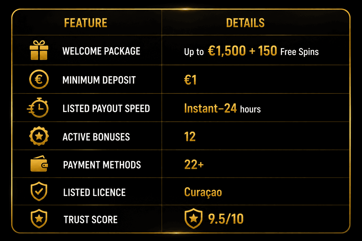 BetLabel online casino infographic showing welcome bonus, €1 minimum deposit, payout speed, active bonuses, payment methods, Curaçao licence, and 9.5/10 trust score.