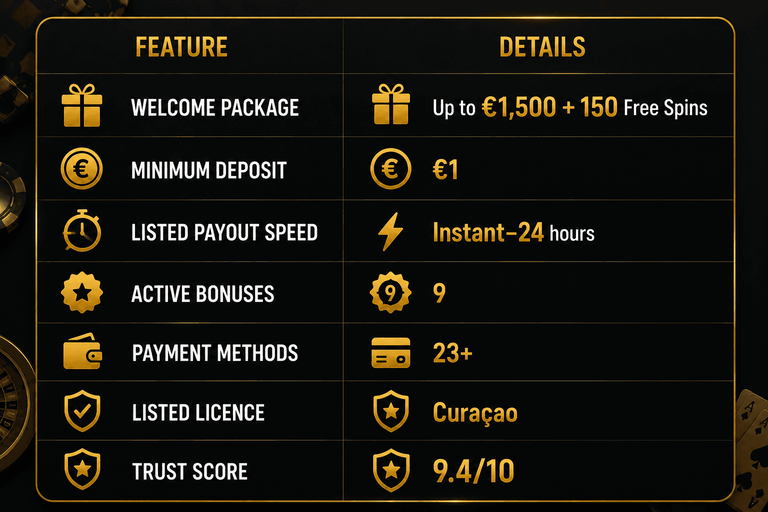 Online casino bonus comparison infographic showing a €1 minimum deposit, €1,500 welcome bonus, 150 free spins, 9 active bonuses, 23+ payment methods, Curaçao licence, instant–24-hour payouts, and 9.4/10 trust score.