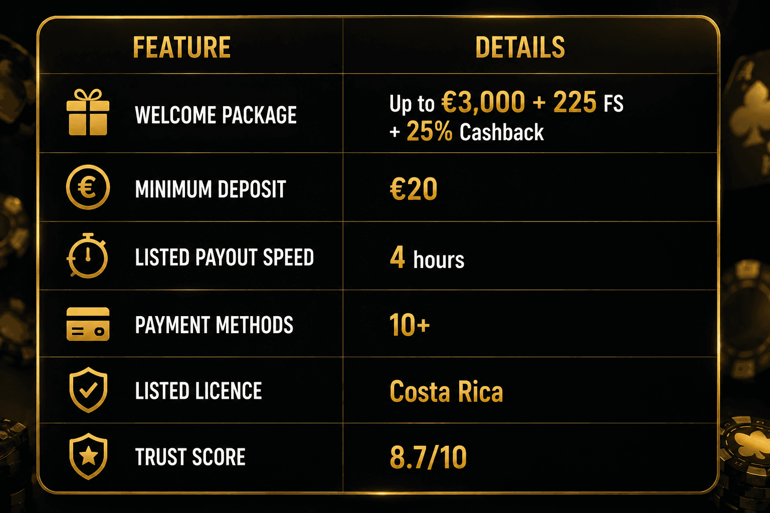 Online casino infographic showing a €3,000 welcome bonus, 225 free spins, 25% cashback, €20 minimum deposit, 4-hour payouts, 10+ payment methods, Costa Rica licence, and 8.7/10 trust score.
