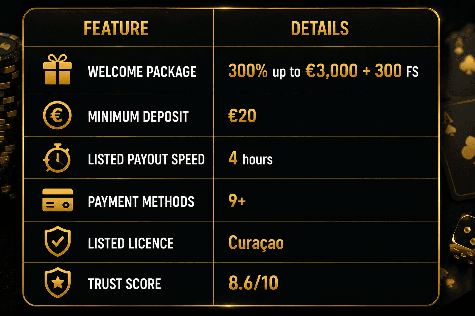 Online casino infographic showing a 300% welcome bonus up to €3,000, 300 free spins, €20 minimum deposit, 4-hour payouts, 9+ payment methods, Curaçao licence, and 8.6/10 trust score.