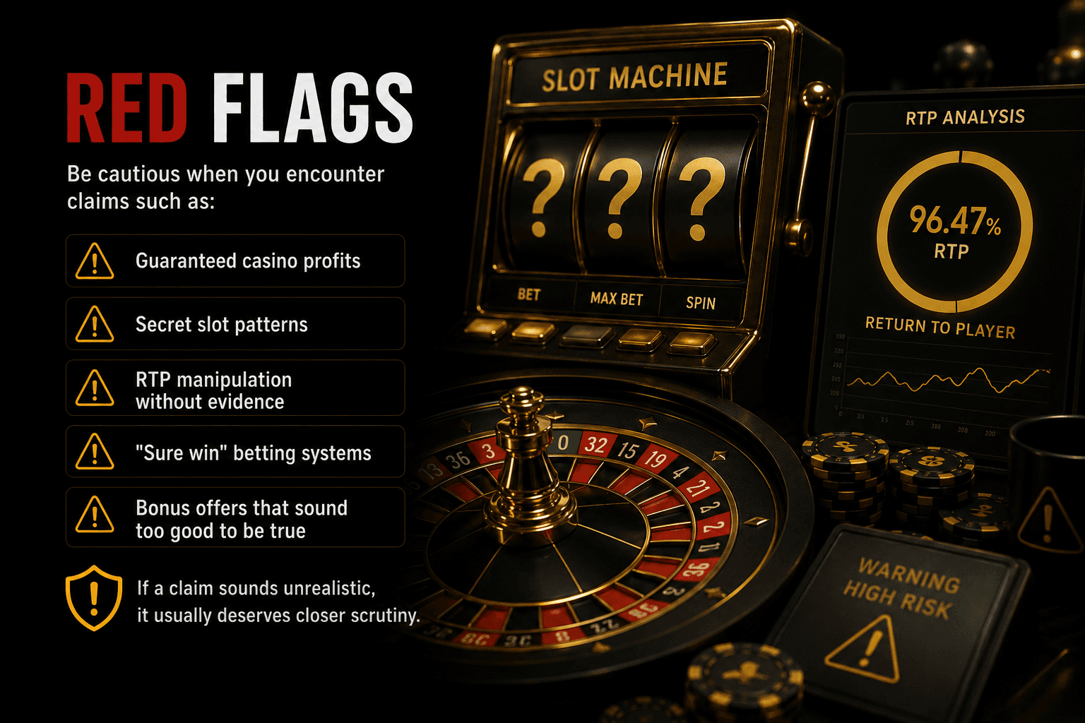 Black-and-gold casino editorial graphic featuring a slot machine, roulette wheel, RTP dashboard, and warning symbols alongside gambling red flags and misleading casino claims.
