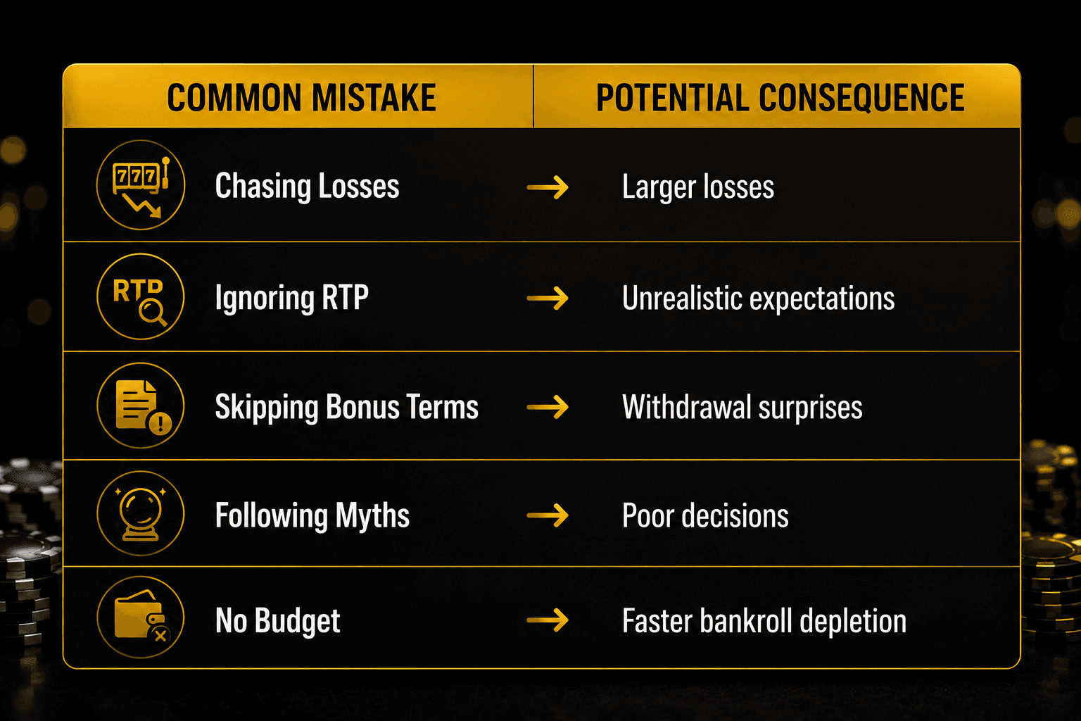 Table showing common casino mistakes and their potential consequences, including chasing losses, ignoring RTP, skipping bonus terms, following gambling myths, and playing without a budget.