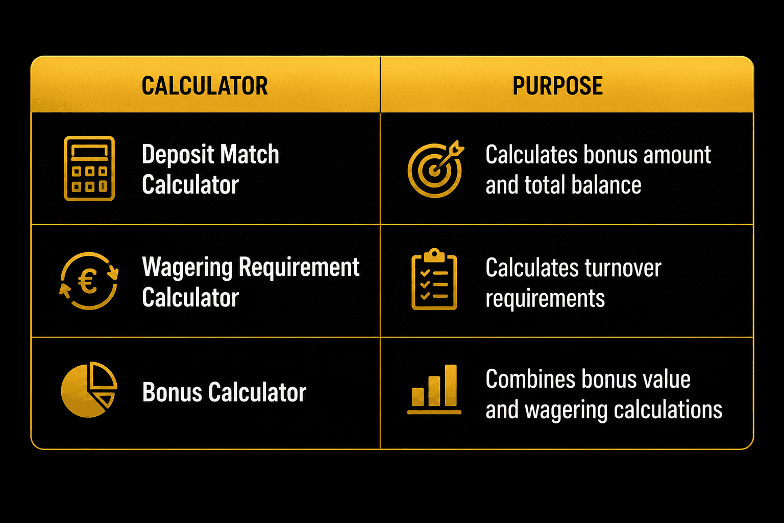 Table comparing three casino bonus calculators, including deposit match calculations, wagering requirement calculations, and bonus value analysis for evaluating casino promotions.