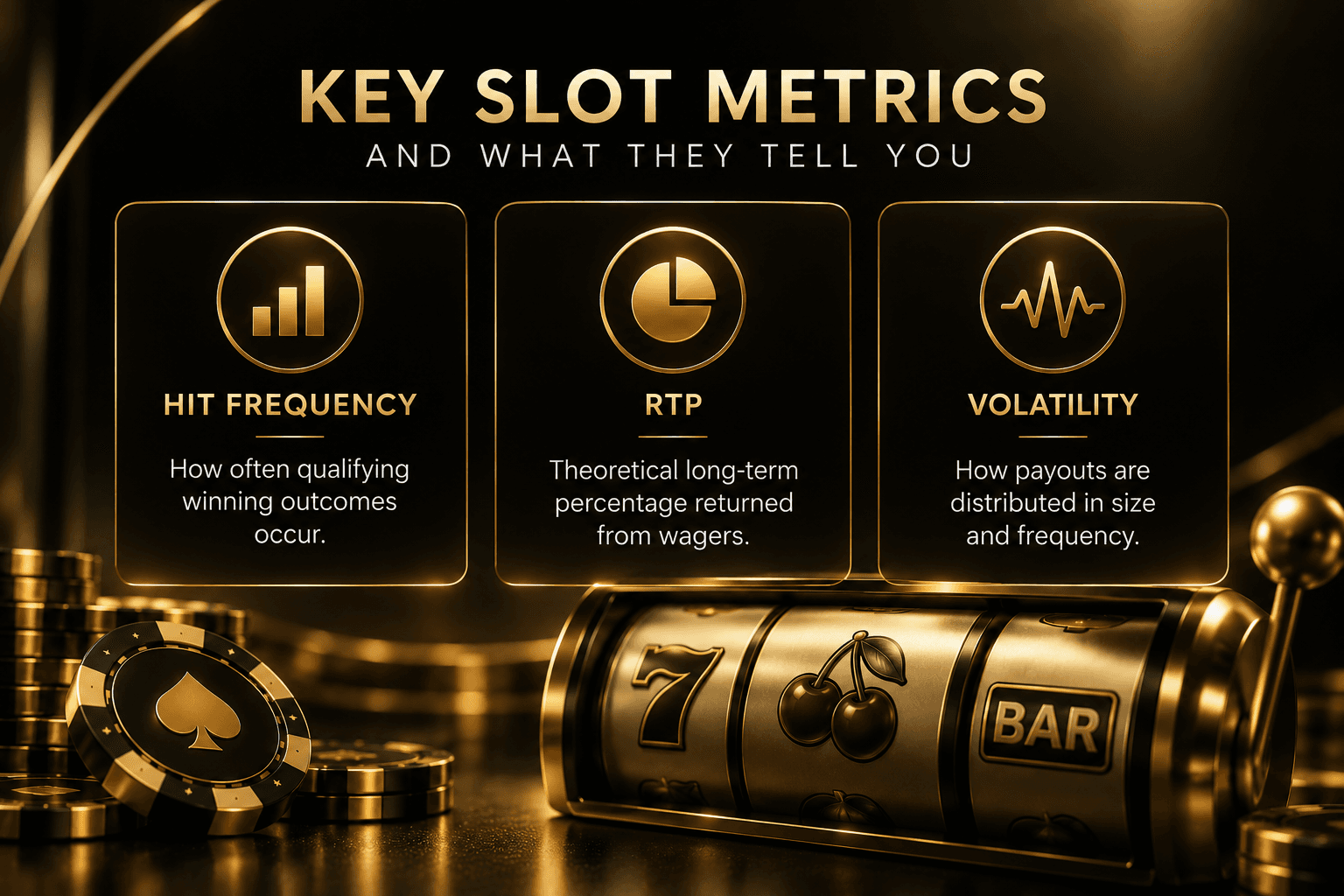 Online slots infographic comparing hit frequency, RTP, and volatility, explaining how often winning outcomes occur, the theoretical long-term return to players, and how slot payouts are distributed by size and frequency.