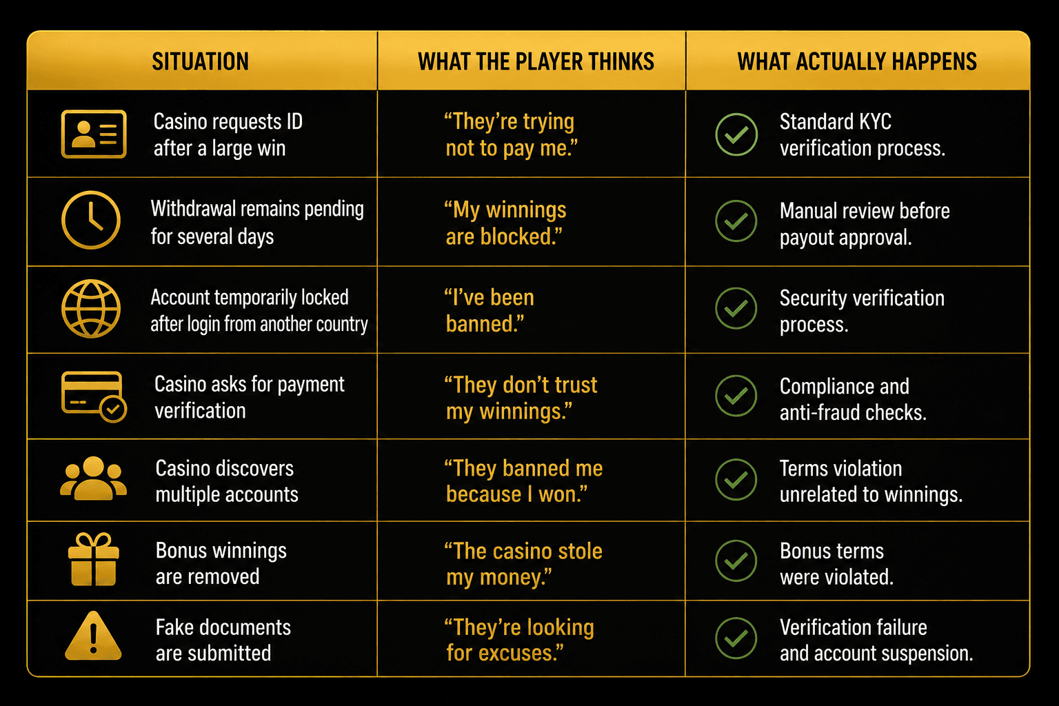 Table comparing player assumptions with the actual reasons behind casino verification checks, withdrawal reviews, and account restrictions.