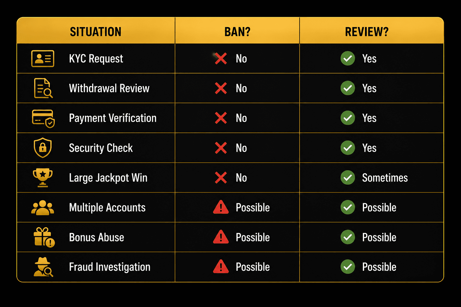 Table showing which casino situations typically trigger a review process and which may lead to account restrictions or bans.