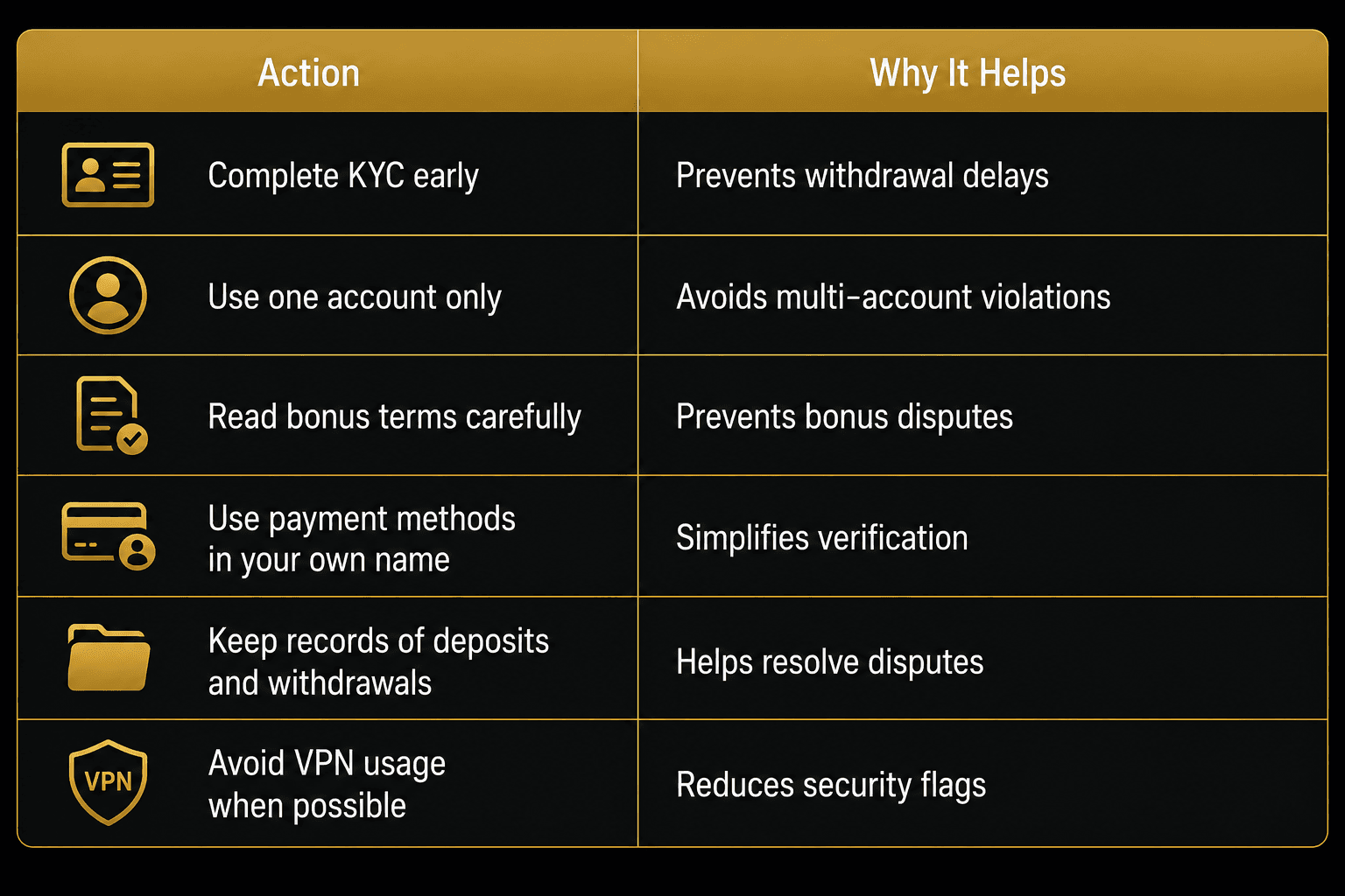 Table showing recommended actions that help players avoid verification issues, withdrawal delays, bonus disputes, and account security problems.