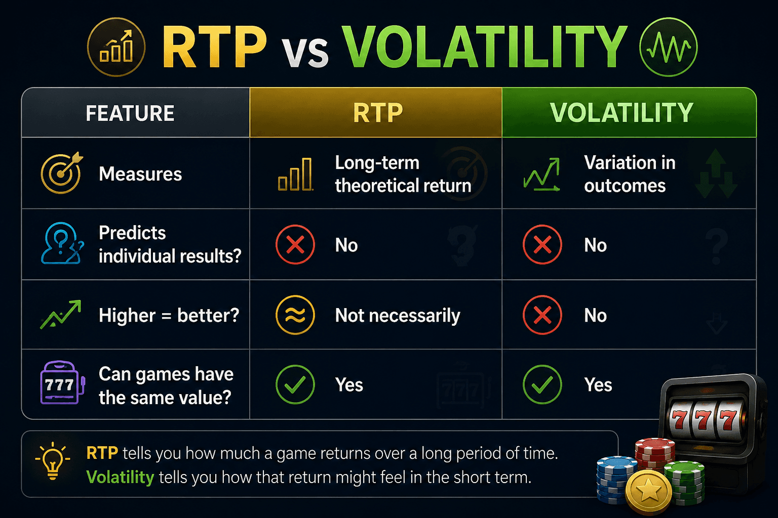 RTP vs volatility infographic explaining online slot RTP, long-term theoretical return, volatility, outcome variation, and why neither metric predicts individual results or guarantees better payouts.