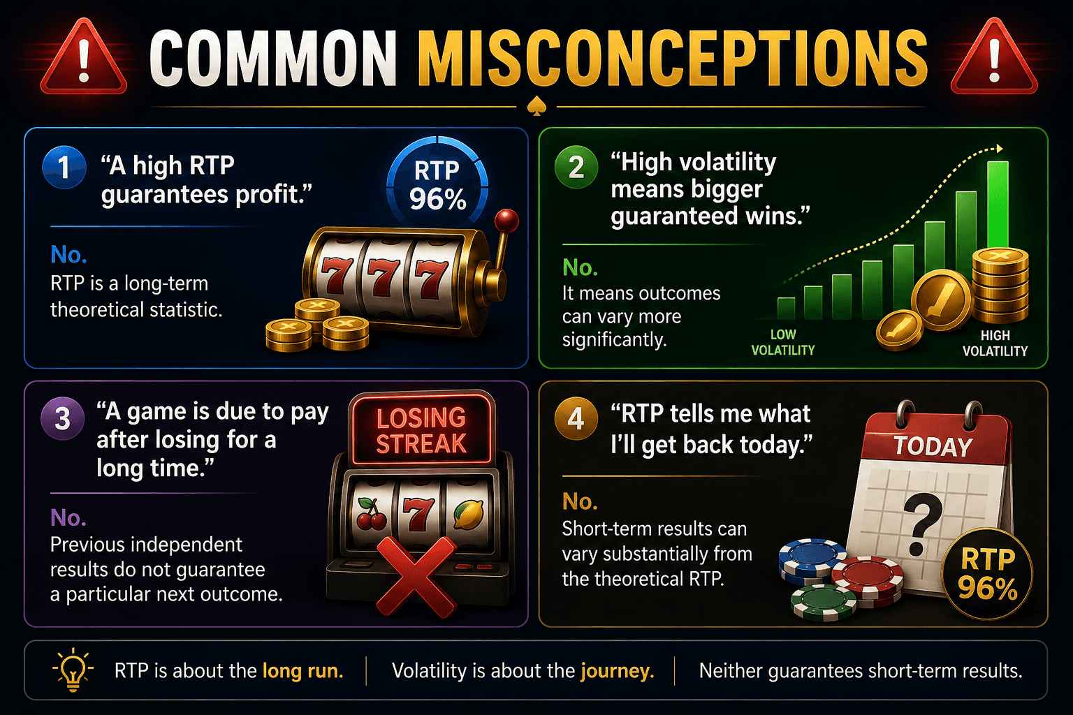 Common misconceptions about online casino RTP and slot volatility, explaining why high RTP does not guarantee profit, high volatility does not guarantee bigger wins, losing streaks do not make a slot “due,” and RTP does not predict short-term results.
