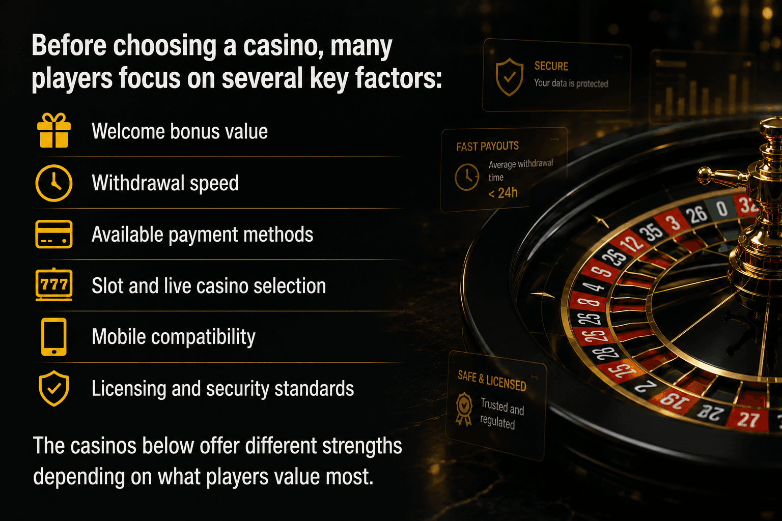 Casino comparison infographic highlighting the key factors players consider when choosing an online casino, including welcome bonuses, withdrawal speed, payment methods, game selection, mobile compatibility, and security standards.
