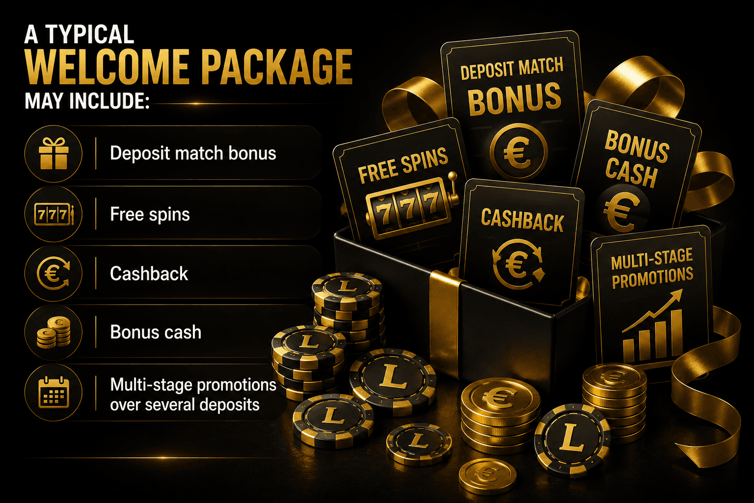 **Welcome bonus package infographic showing deposit match bonus, free spins, cashback, bonus cash, and multi-stage casino promotions with premium black and gold design for online casino players.**
