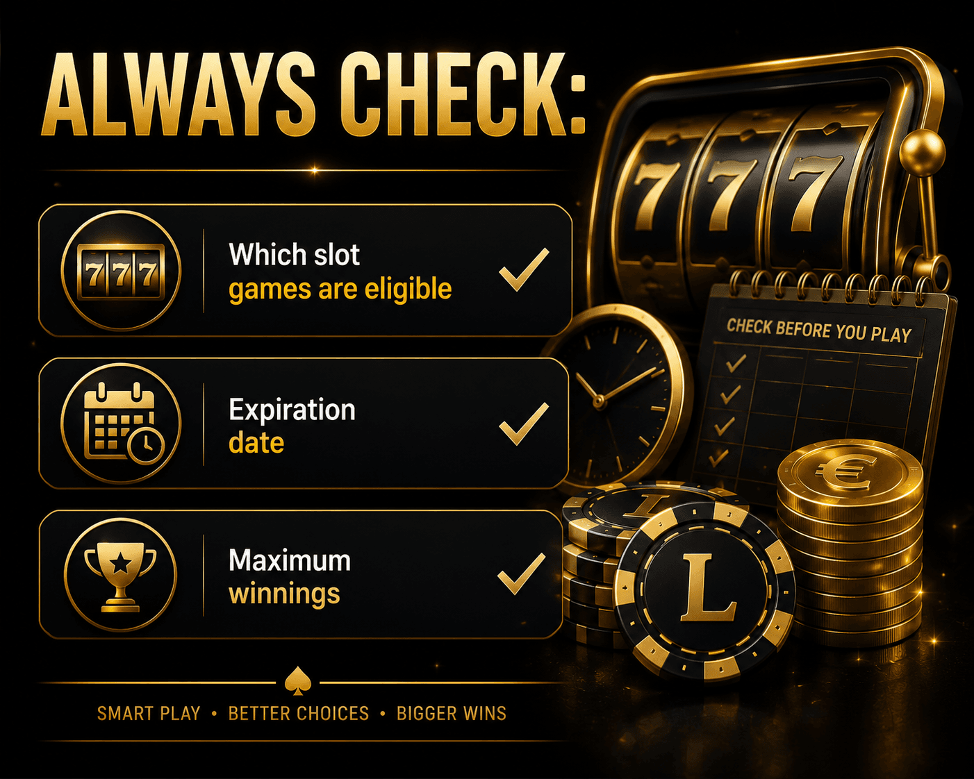 **Casino welcome bonus checklist infographic showing eligible slot games, bonus expiration dates, maximum winnings, and important bonus terms to check before claiming an online casino promotion.**