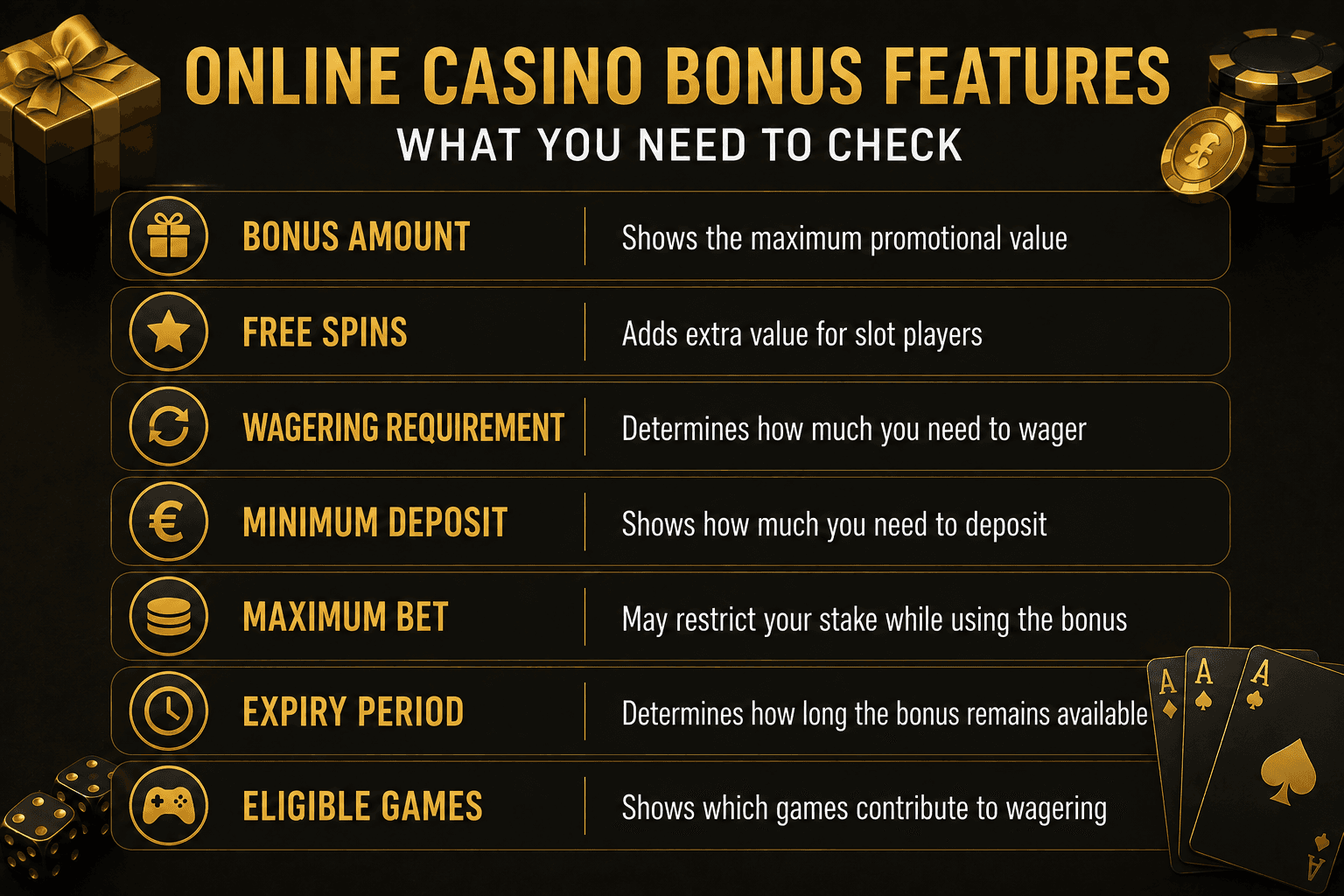 Online casino bonus features infographic explaining bonus amount, free spins, wagering requirements, minimum deposit, maximum bet, bonus expiry period, and eligible games for online casino players.