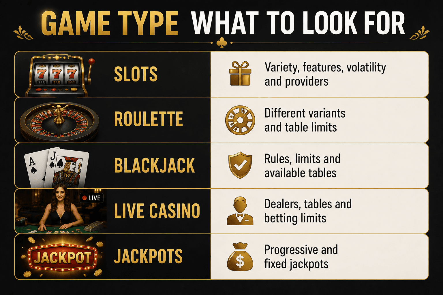 Online casino games comparison infographic showing what to look for in slots, roulette, blackjack, live casino, and jackpot games, including game variety, volatility, rules, table limits, dealers, and progressive or fixed jackpots.