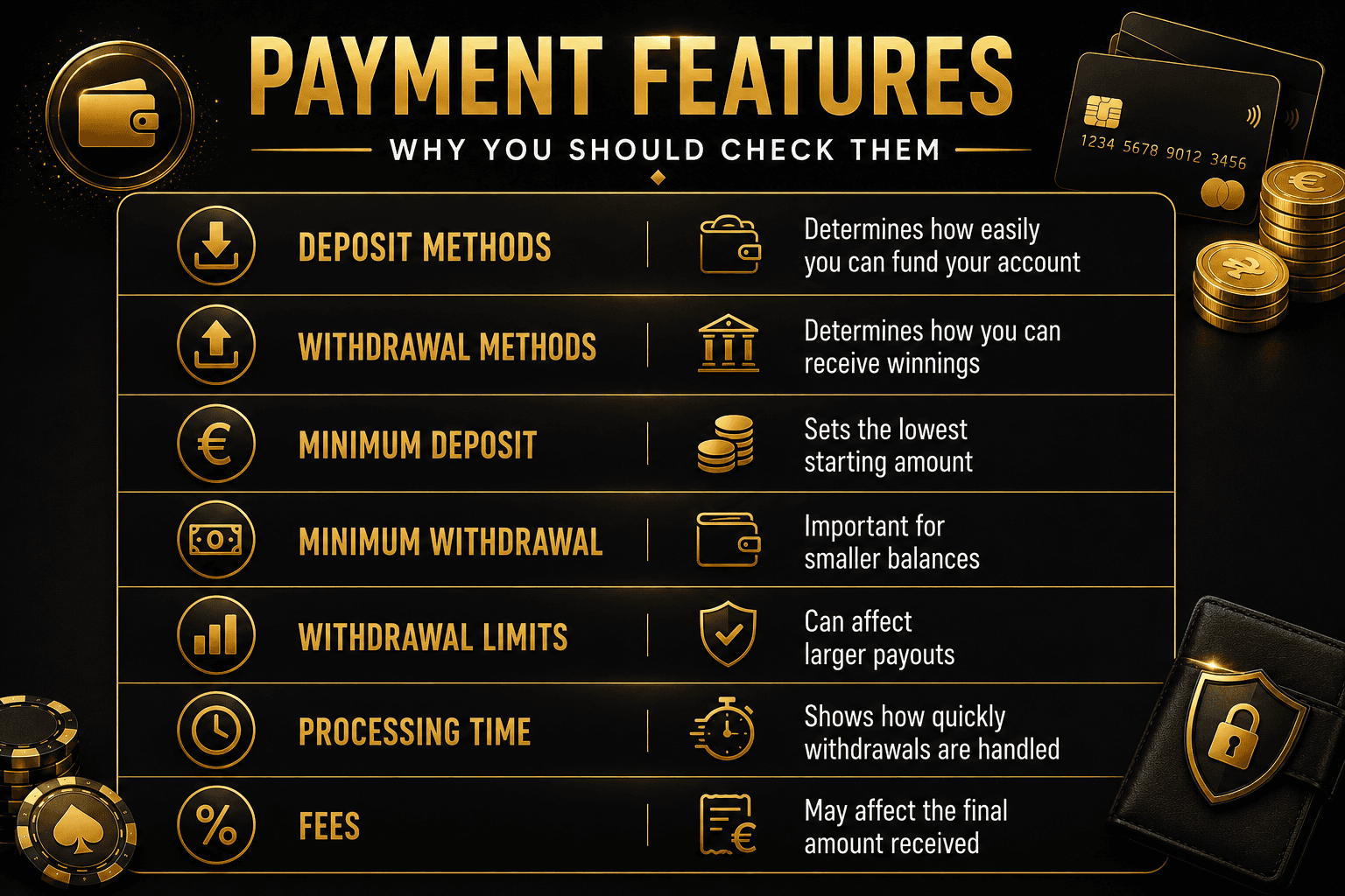 Online casino payment methods infographic comparing deposit and withdrawal options, minimum deposits, minimum withdrawals, withdrawal limits, processing times, and payment fees.