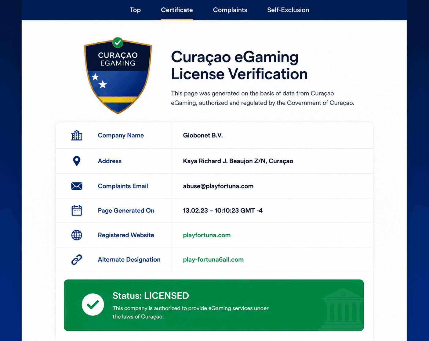 Curacao eGaming license verification page showing casino licensing status, regulatory information, and operator verification details.