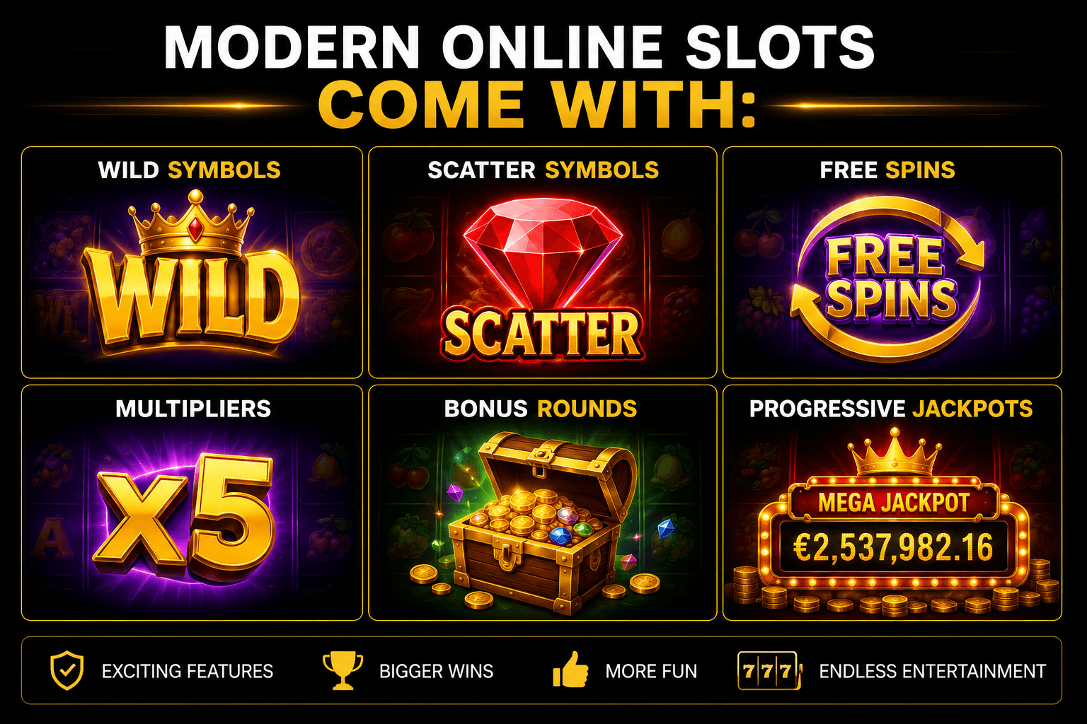 Infographic explaining modern online slot features, including Wild symbols, Scatter symbols, Free Spins, Multipliers, Bonus rounds, and Progressive Jackpots in online casino games.