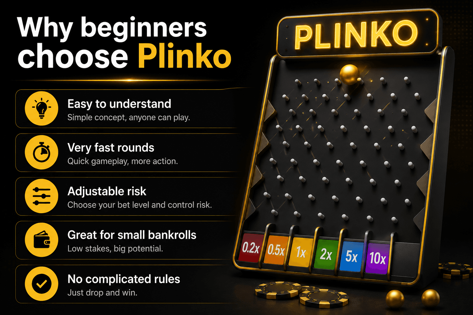 Infographic explaining why Plinko is one of the best casino games for beginners, highlighting simple gameplay, adjustable risk levels, fast rounds, low bankroll requirements, and easy-to-learn online casino mechanics.