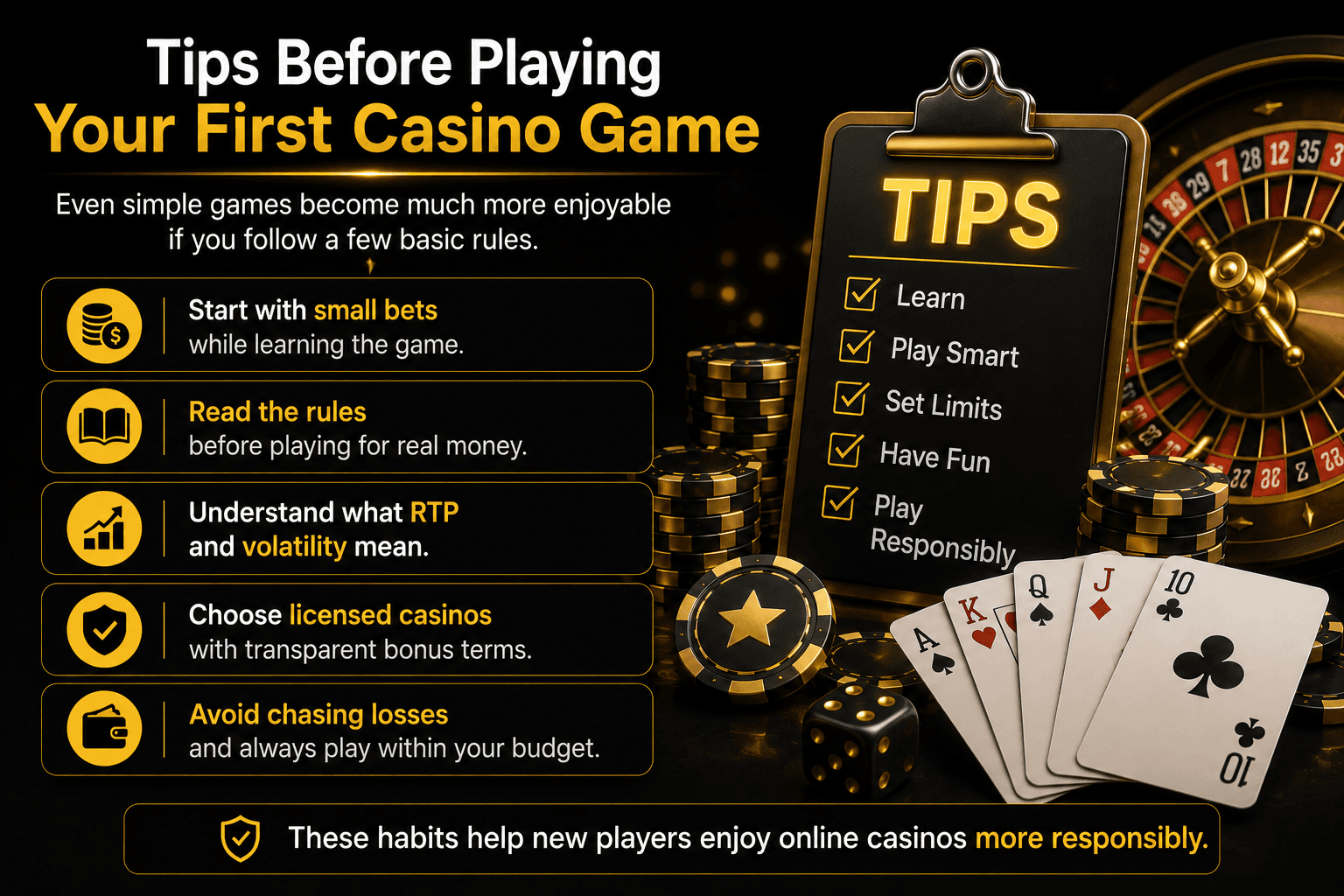 Online casino beginner guide infographic with responsible gambling tips, including bankroll management, RTP and volatility, licensed casinos, bonus terms, and safe betting strategies for new players.