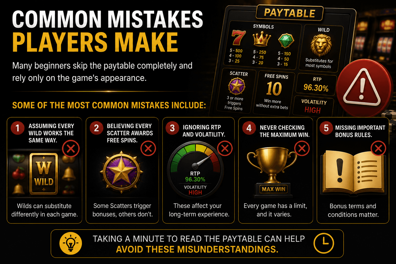 Online slot paytable infographic explaining common beginner mistakes, including misunderstanding Wild and Scatter symbols, ignoring RTP and volatility, missing bonus rules, and not checking maximum win information.