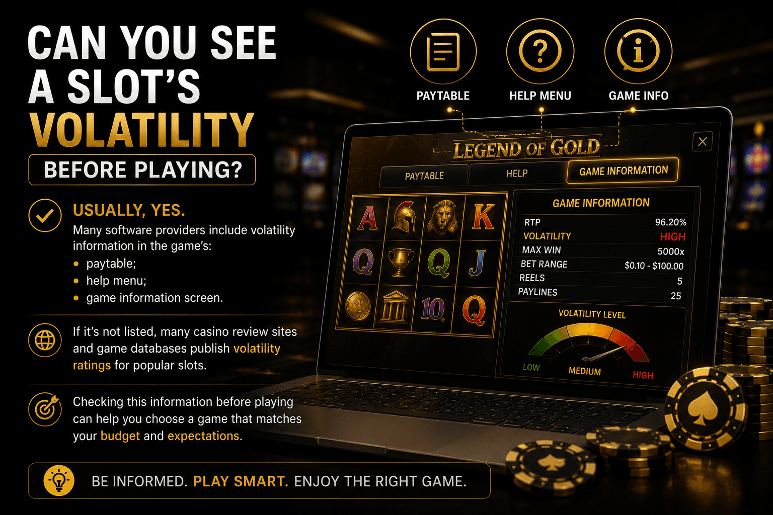 Infographic explaining how to check slot volatility before playing by using the paytable, help menu, game information screen, and trusted casino review sites to choose the right online slot.