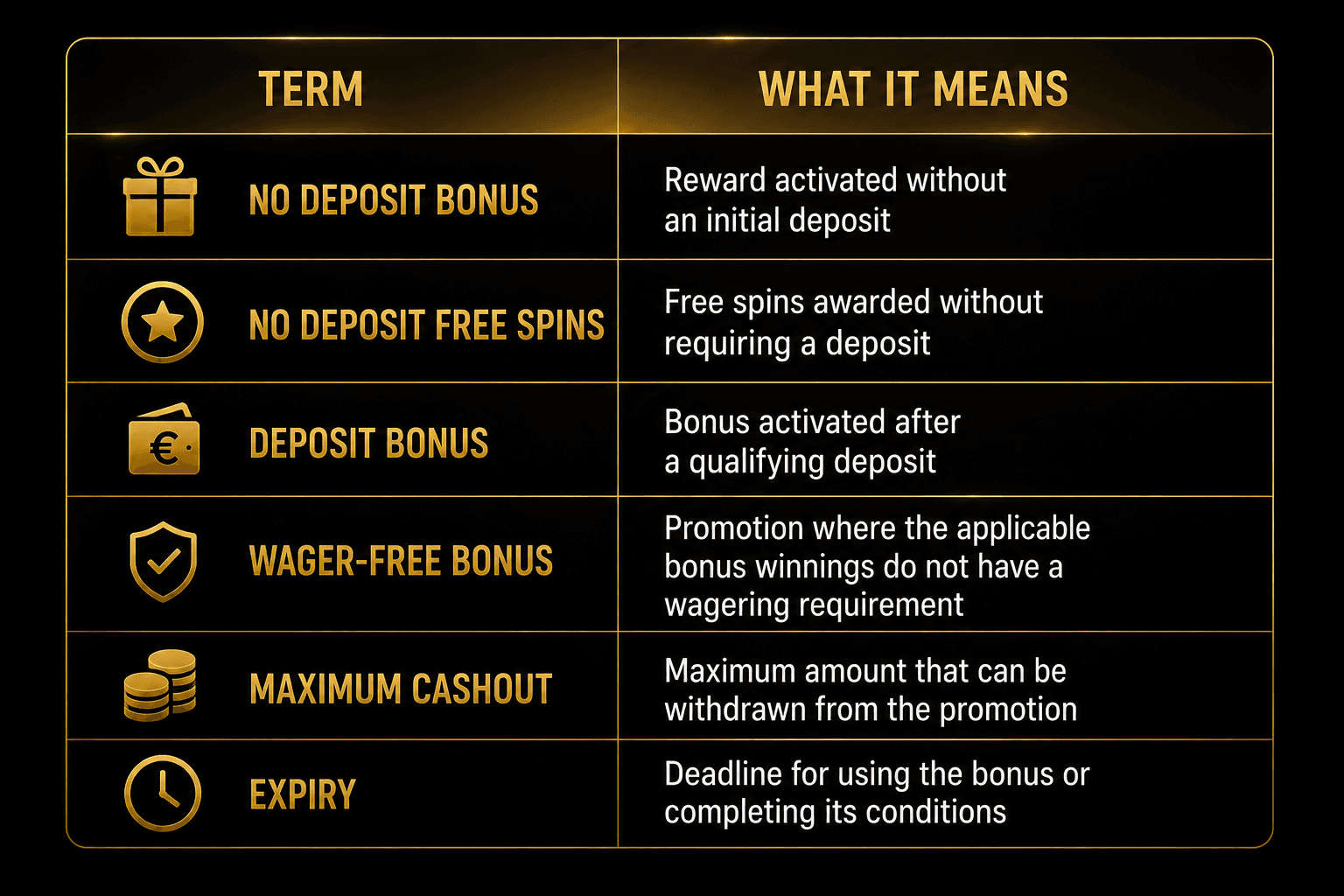 Online casino bonus terms infographic explaining no deposit bonuses, free spins, deposit bonuses, wager-free bonuses, maximum cashout limits, and bonus expiry dates.