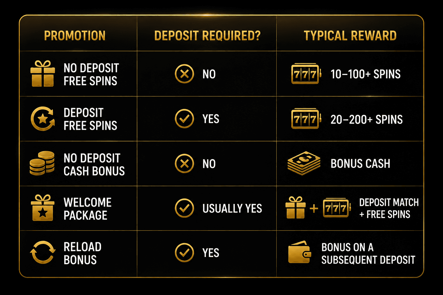 Online casino bonus comparison table showing no deposit free spins, deposit free spins, no deposit cash bonuses, welcome packages, reload bonuses, deposit requirements, and typical rewards.