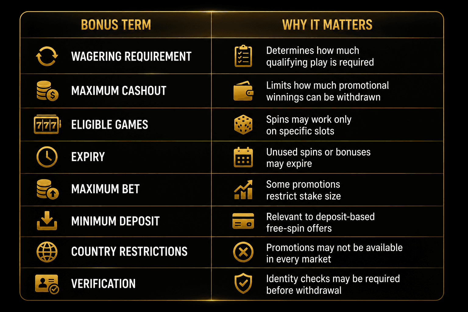 Online casino bonus terms infographic explaining wagering requirements, maximum cashout, eligible games, bonus expiry, maximum bet, minimum deposit, country restrictions, and verification requirements.