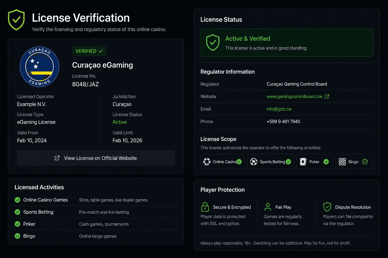 Online casino comparison showing licensing, payout speed, payment methods, and player safety indicators.
